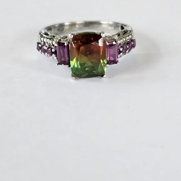 Genuine Watermelon Quartz & Rhodolite Garnet Ring Platinum/925 Sz 8! - Picture 9 of 14